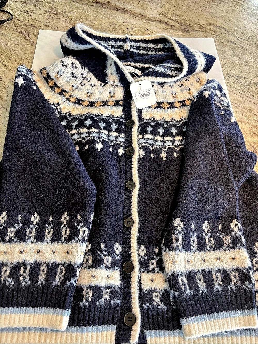 Altar'd State Geometric Knit Cardigan in Blue & Cream Size Large NWT